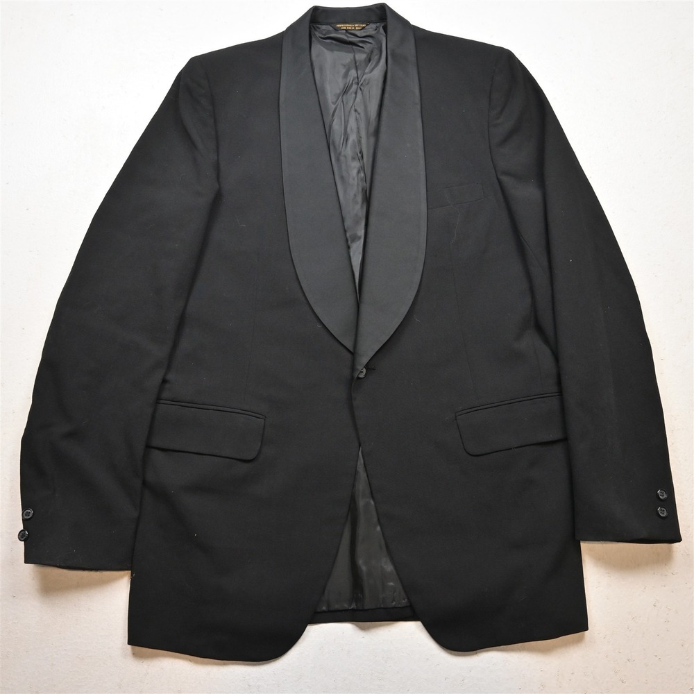 Vtg USA Made 44L Black Wool Shawl Mens Tux Tuxedo Smoking Dinner Jacket